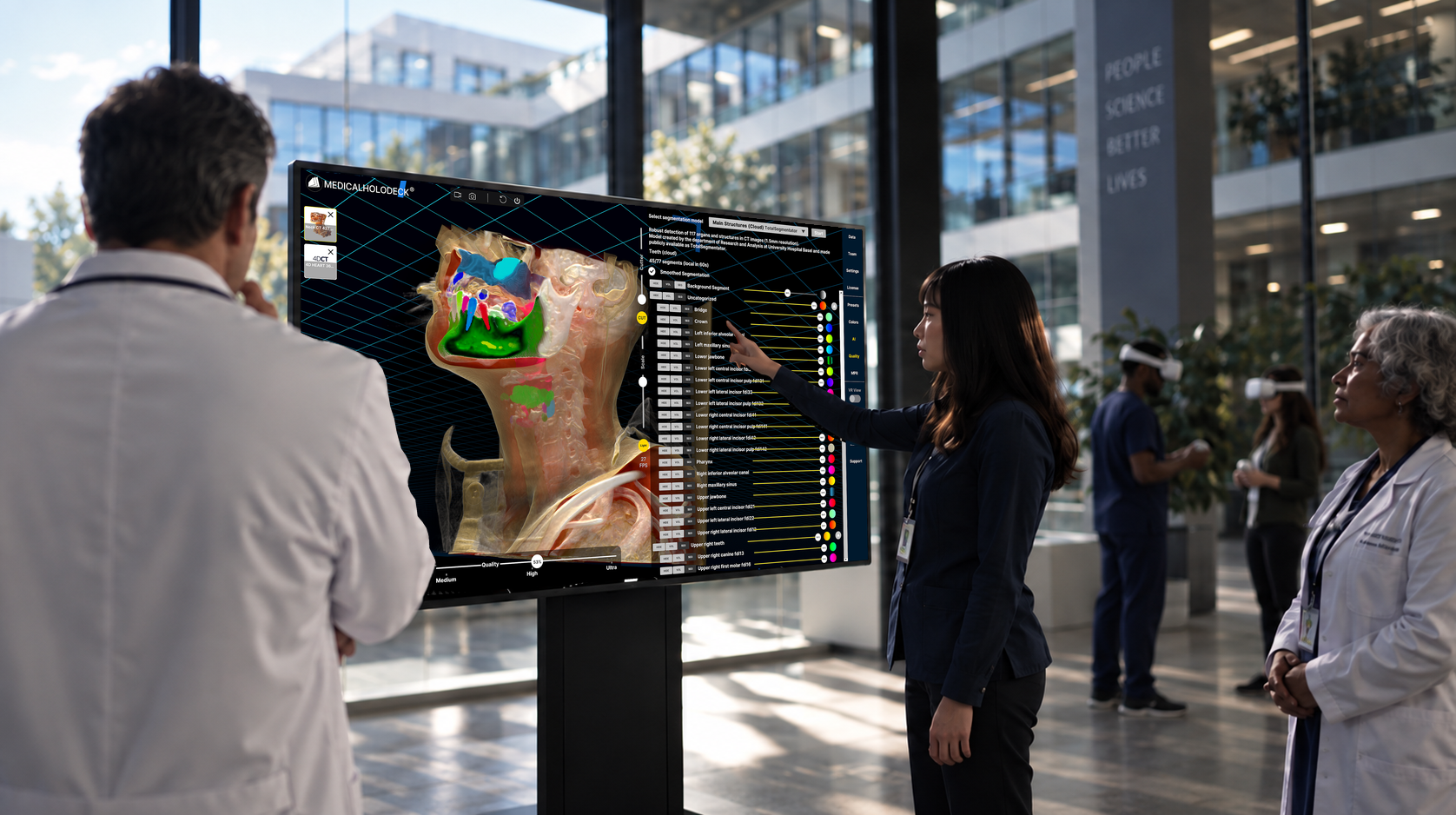Illustrative scene: A group works with Medicalholodeck AI on a large touch display.