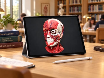 Tablet showing a 3D anatomy model on a desk
