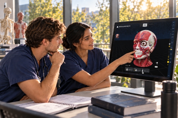 Two students studying interactive 3D anatomy on a desktop display