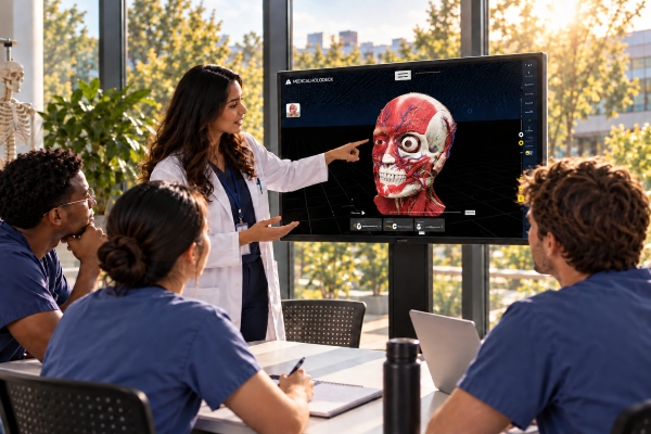 Instructor teaching a group with Anatomy Master on a large interactive display