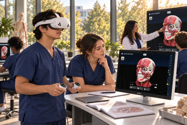 Students using Anatomy Master in VR and on displays in a spatial anatomy lab